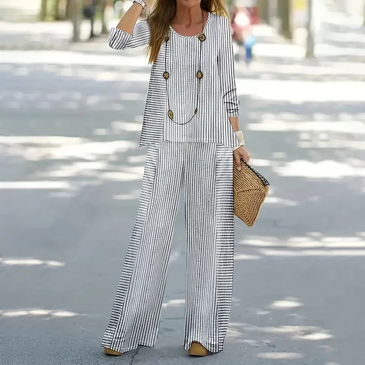 Comstylish Fashion Striped Printed Round Neck T-Shirt Wide-Leg Pants Two-Piece Suit