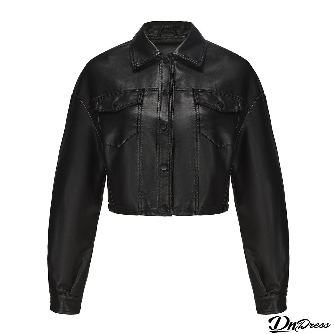 Women Loose Casual Long-sleeved Single-breasted Turndown Collar Crop Jacket