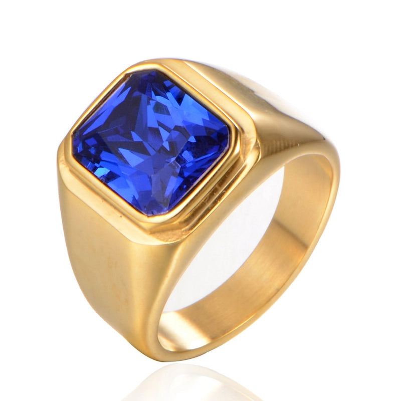 Retro Square Titanium Steel Inlay Gem Glass Stone 18K Gold Plated Men’S Rings
