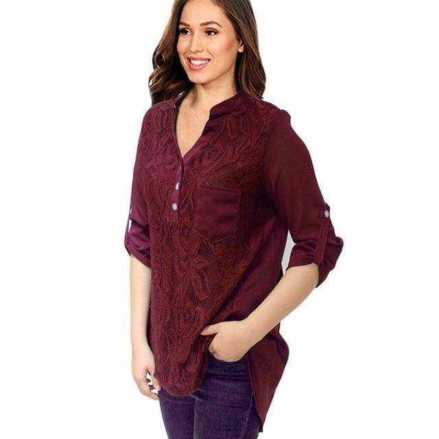 Lace Chiffon Blouses Shirts Women Casual Long Sleeve Tops Plus Size Blouses | EGEMISS