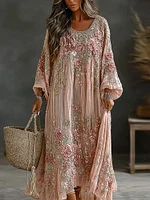 Women's Vintage Floral Art Flowy Linen Blend Casual Long Sleeve Maxi Dress