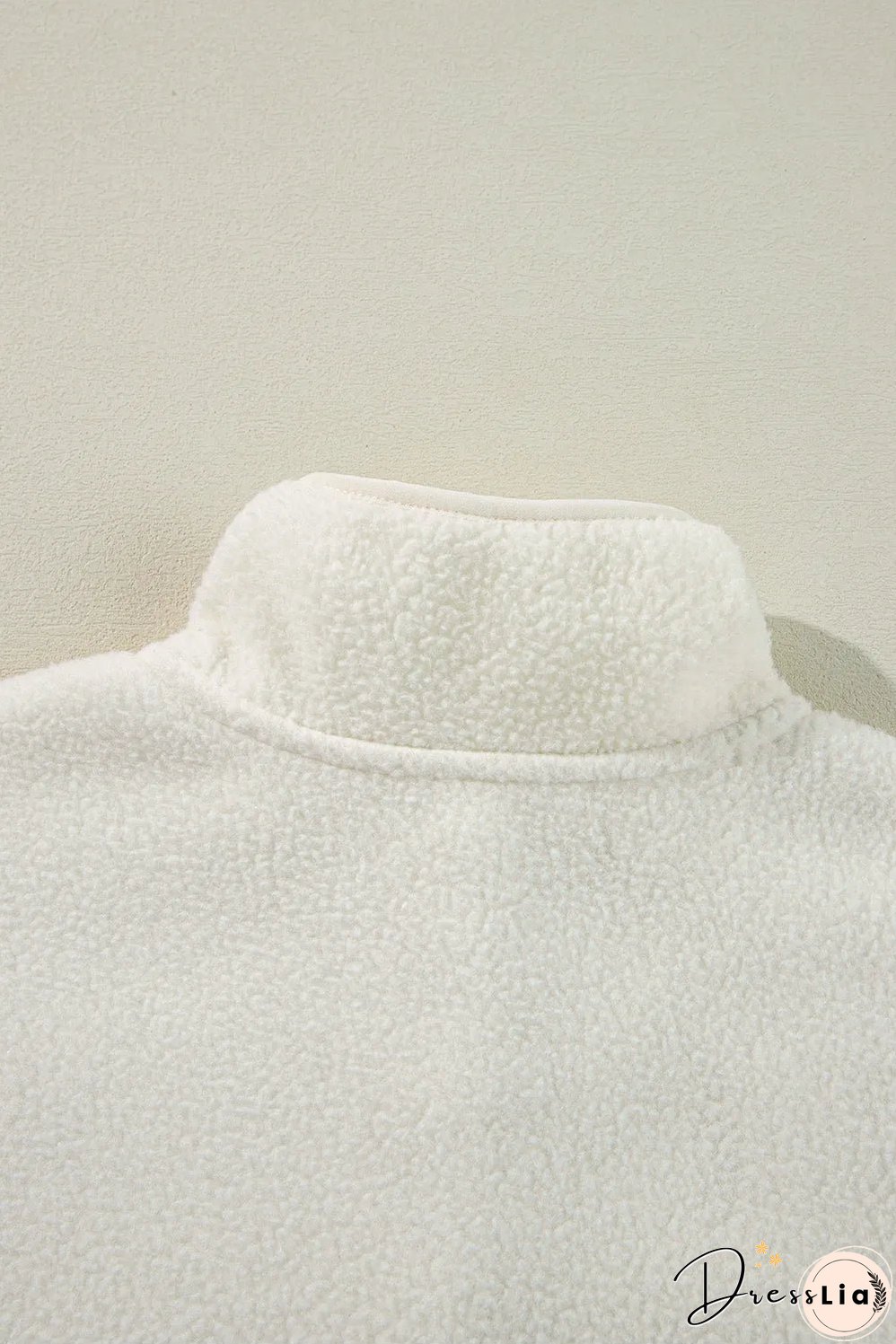 White Fleece Placket Turn-down Collar Drop Shoulder Sweatshirt