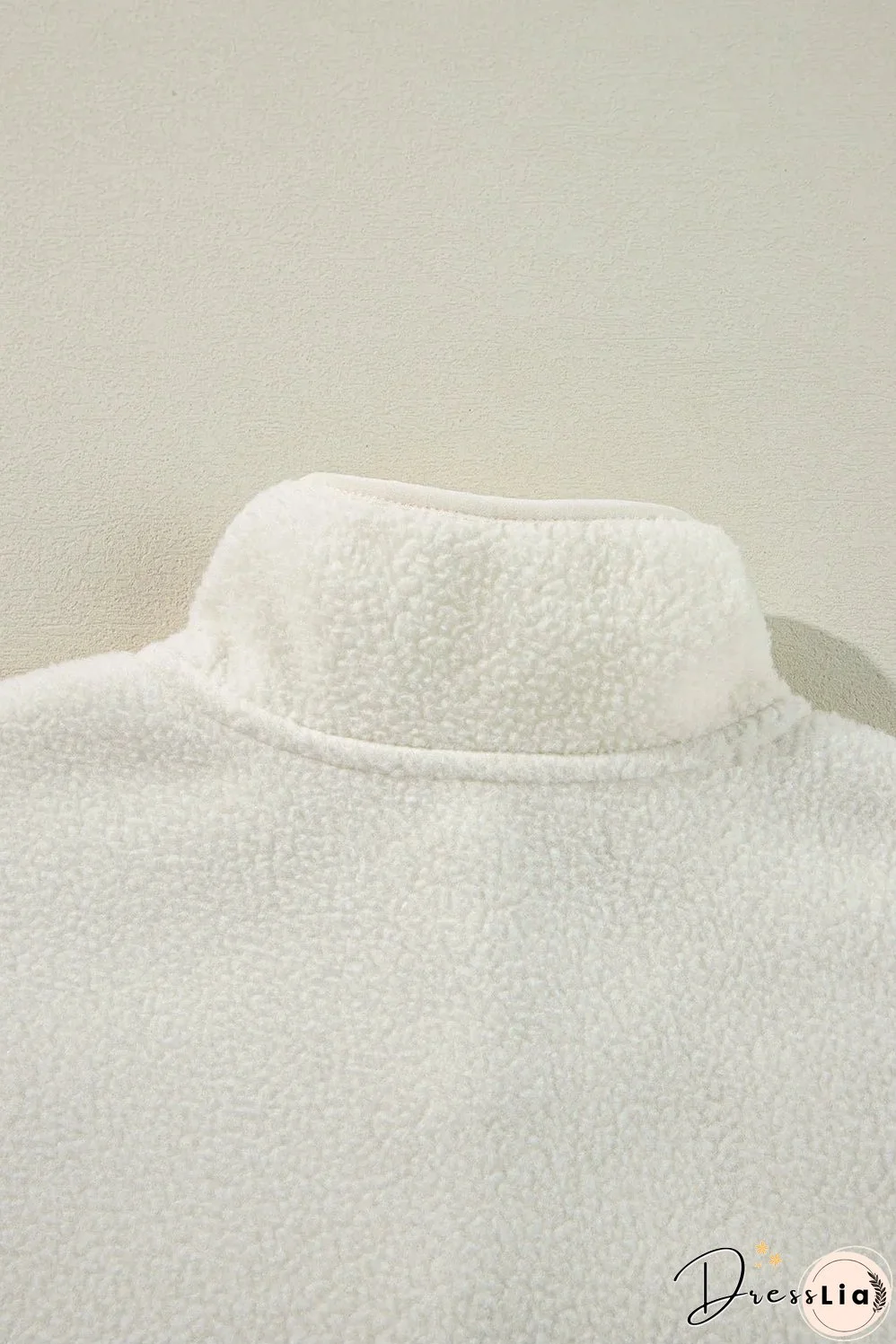 White Fleece Placket Turn-down Collar Drop Shoulder Sweatshirt