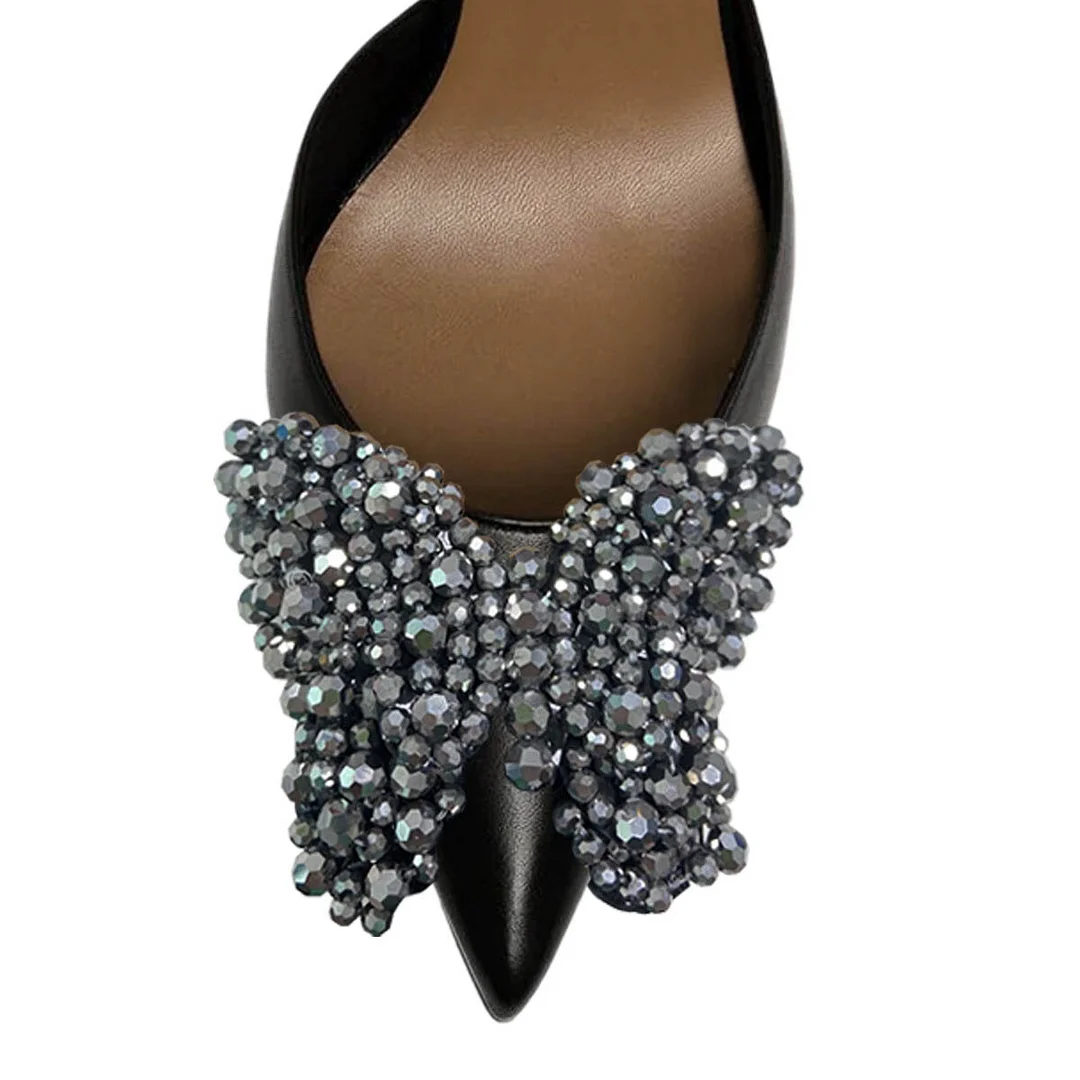 Rhinestone Butterfly Ponited Toe Slip On Women‘s Black Heels