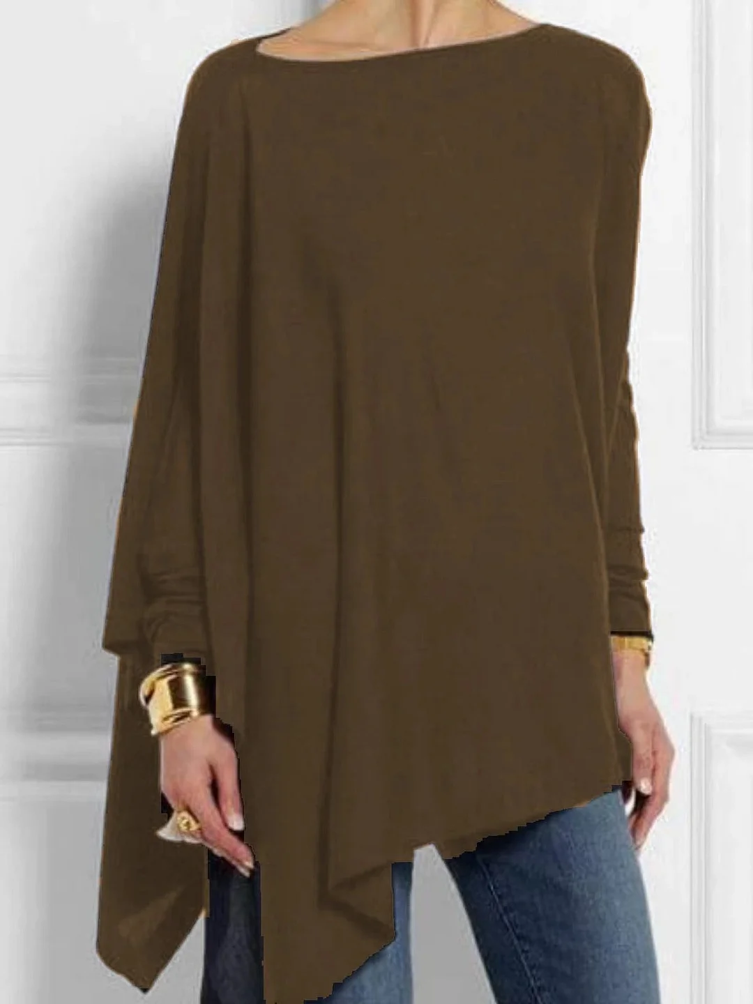 Brownm Sleeve Irregular Solid Color Pullover T-shirt Casual Tops