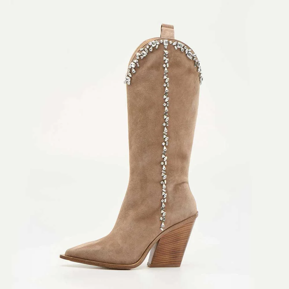 Vegan Suede Pointed Toe Rhinestone Western Boots for Women in Brown