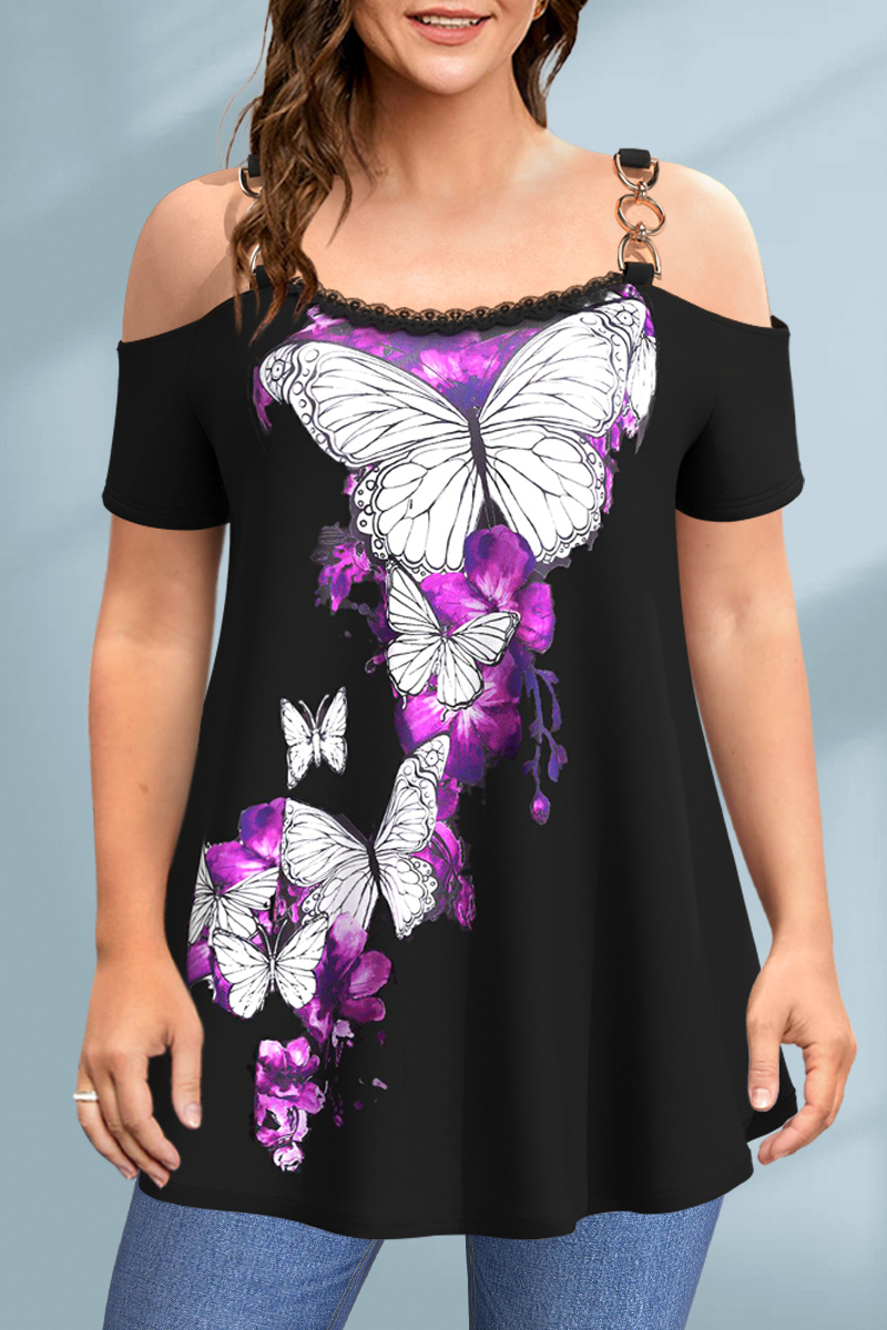 Flycurvy Plus Size Casual Black Butterfly Print Cold Shoulder Metal Chain Shoulder Strap Blouse