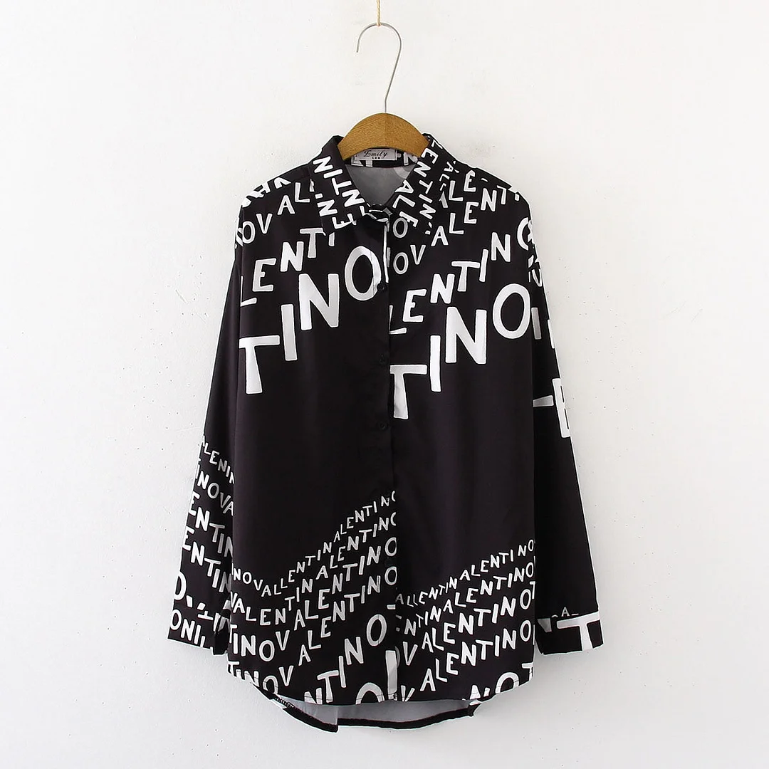 New Arrival Letter Print Turn-down Collar Long Chiffon Blouse Button Up Casual Loose Chic Black Shirt Feminina Blusa T99022F