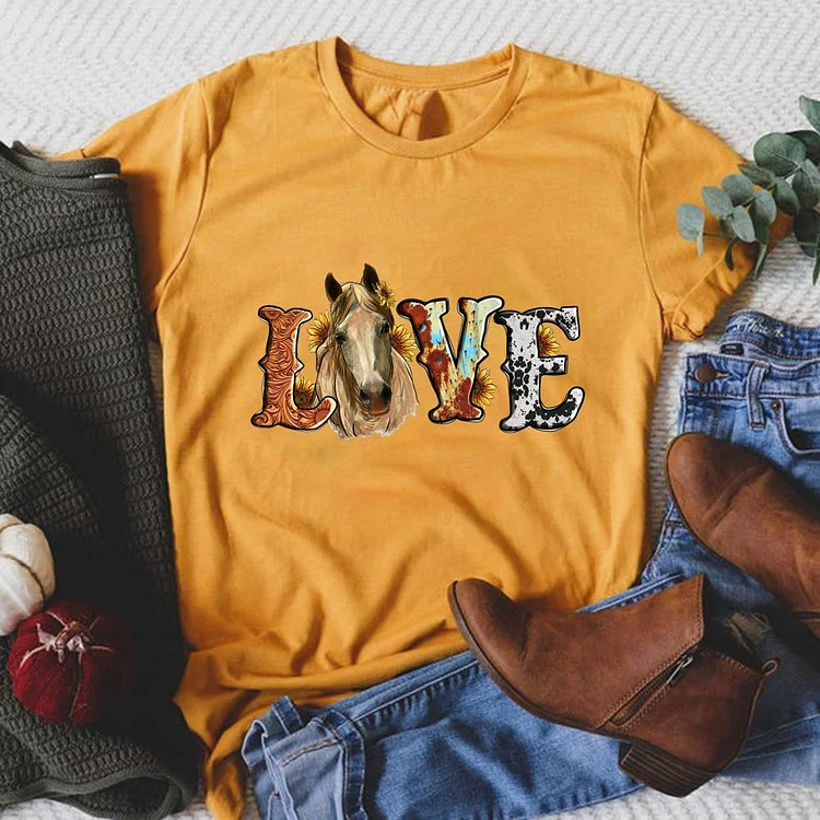 Sunflower Love Horse Round Neck T-shirt