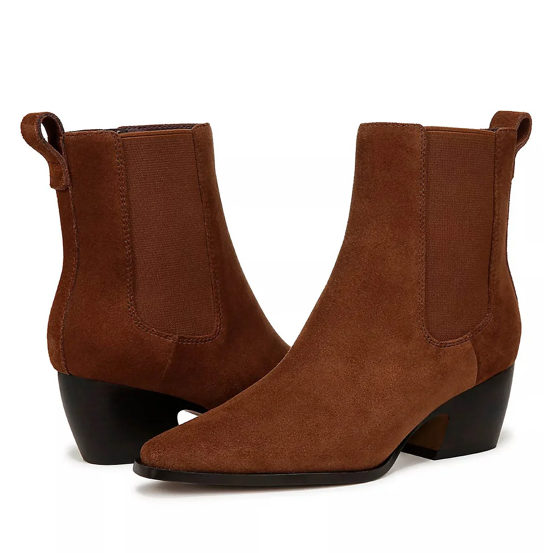 Brown Snip Toe Vegan Suede Chunky Heel Womens Ankle Boots