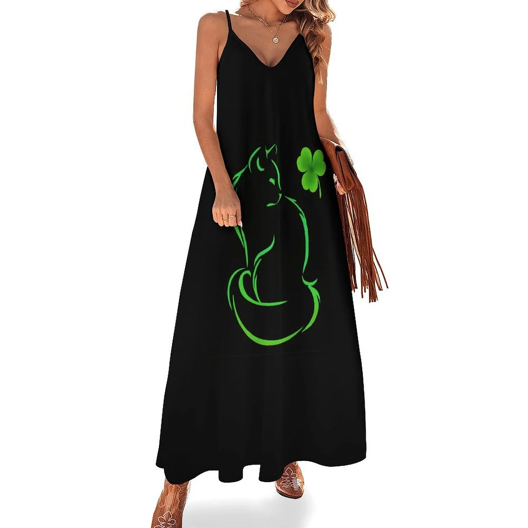 Style & Comfort for Mature Women Plus Size Printed Sling Casual Women Maxi Dress in Pattern St. Patrick's Day, Green, Clover, Lucky