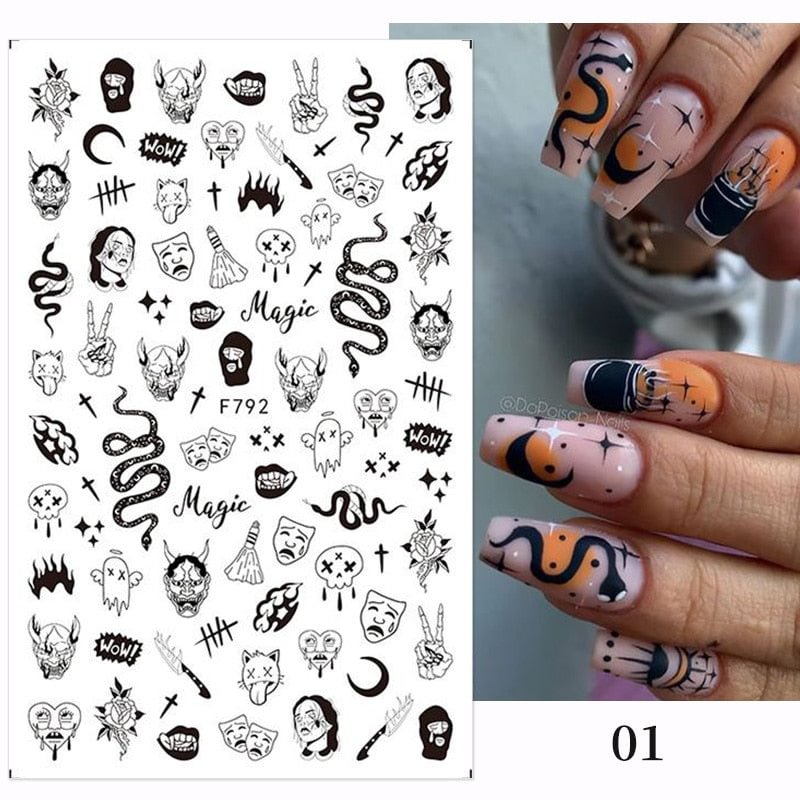 3D Halloween Theme Nail Foil Stickers Red Hand Scar Lips Snake Adhesive Decals Transfer Sliders Nail Design Manicures Tips