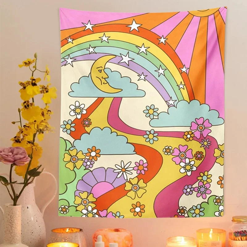Retro Rainbow Tapestry Wall Hanging 70s 60s Vintage Psychedelic tripping Sun Moon INS Trippy Tapestry Hippie Wall Art Decor