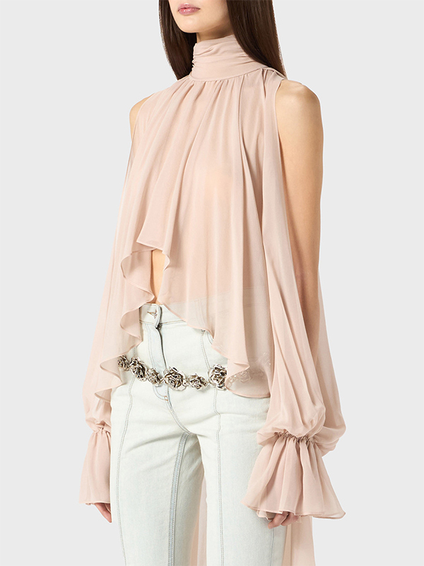 Sheer Sleeve Asymmetric Hem High Turtleneck Blouses
