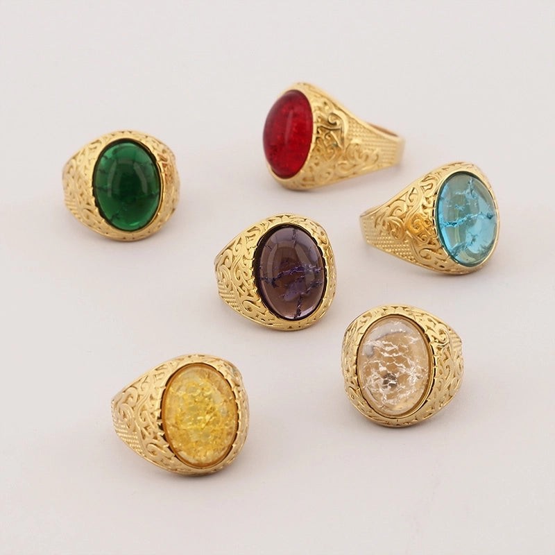 Jewelry Hip-Hop Oval 304 Stainless Steel Natural Stone 18K Gold Plated Inlay Rings
