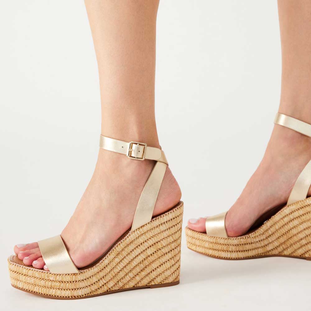 Gold Vegan Leather Square Toe Wedge Heel Ankle Strap Platform Sandals Nicepairs