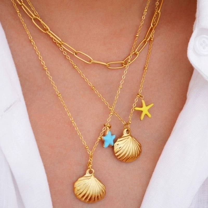 Marine Style Shell Titanium Steel 14K Gold Plated Pendant Necklace