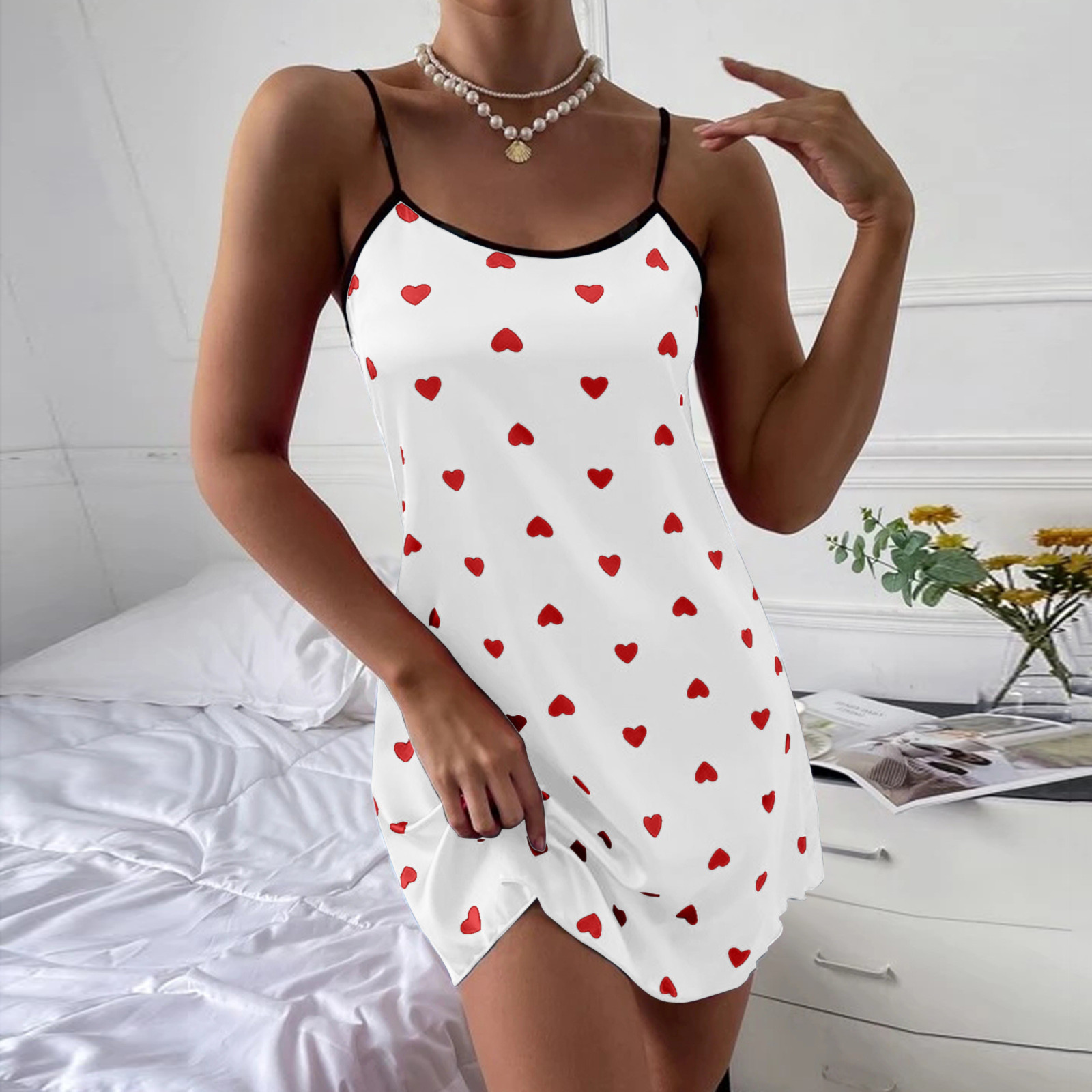 Kissbake Women's Heart Print Trim Slip Nightdress Satin Underwear Sleepwear Sexy Nightgown Ladies Imitation Silk Stain Spaghetti Dresses