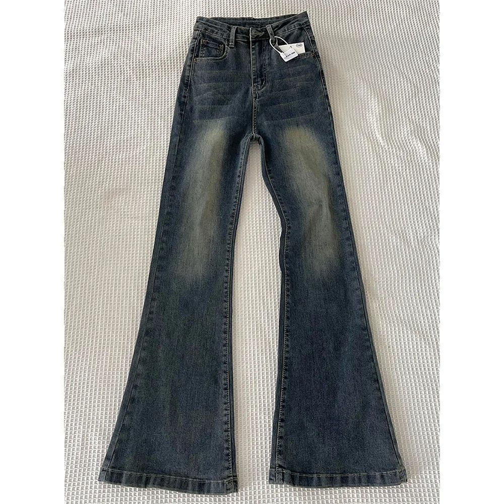 Edubridgesmart Retro Grey Blue Denim Pants for Women Spring Autumn Fashion High Waist Slim Flare Jeans Female Streetwear Skinny Trousers