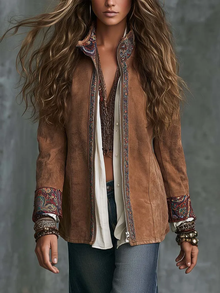 Boho Camel Faux Zip-Up Paisley Trim Jacket