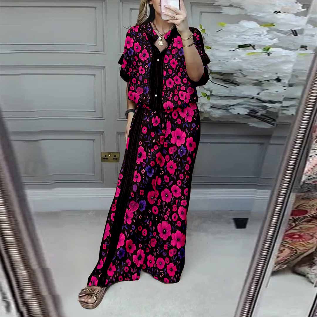 Women Floral, Red, Black DZDL1166 V-neck Short Sleeve Blouse and Pants Set