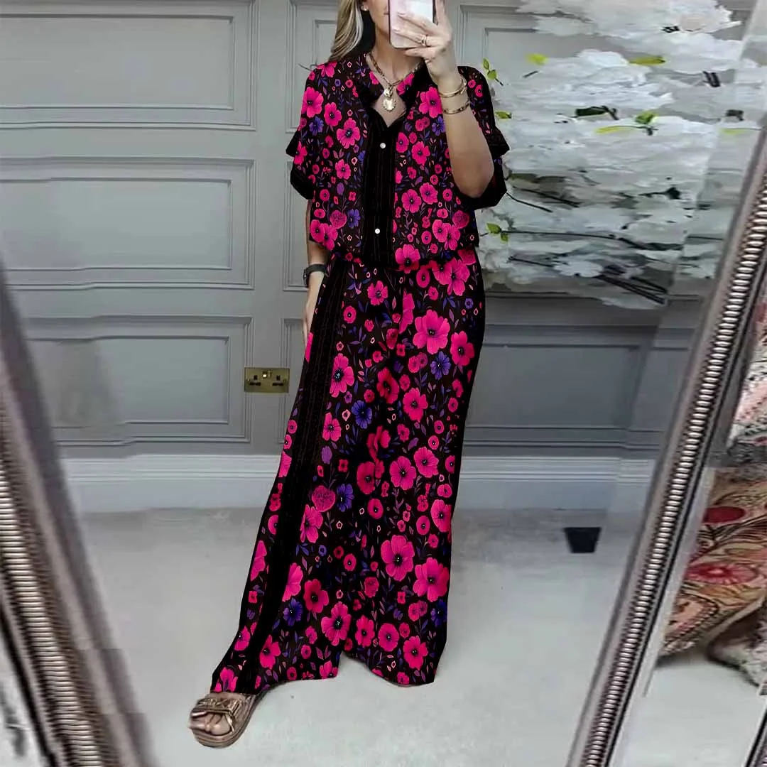 Women Floral, Red, Black DZDL1166 V-neck Short Sleeve Blouse and Pants Set