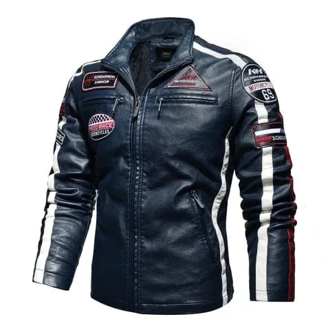 Pornhint Mens Vintage Motorcycle Jacket 2023 Men Fashion New Biker Leather Jacket Male Embroidery Bomber Coat Winter Fleece Pu Overcoat