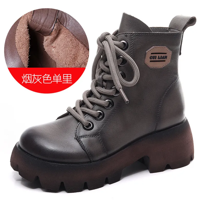 Yyvonne Handmade Martin Boots Women Winter New Tape Heightening Single Boots Coarse And Stylish Handsome Leather Boots