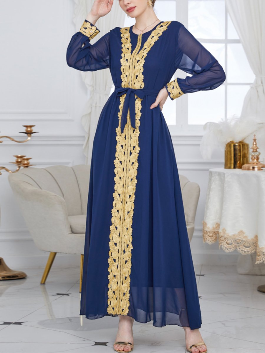 Golden Embroidery Round Neck Long Sleeve Blue Dress | Oxredo Shop Ramadan Sale