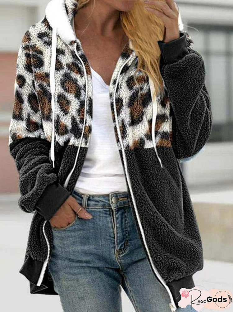 Casual Leopard Hoodie Loose Fluff/Granular Fleece Fabric Other Coat