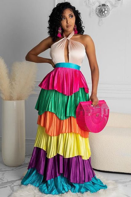 Colorful Cake Pleated Dress Halter Tiered Maxi Sleeveless Dresses