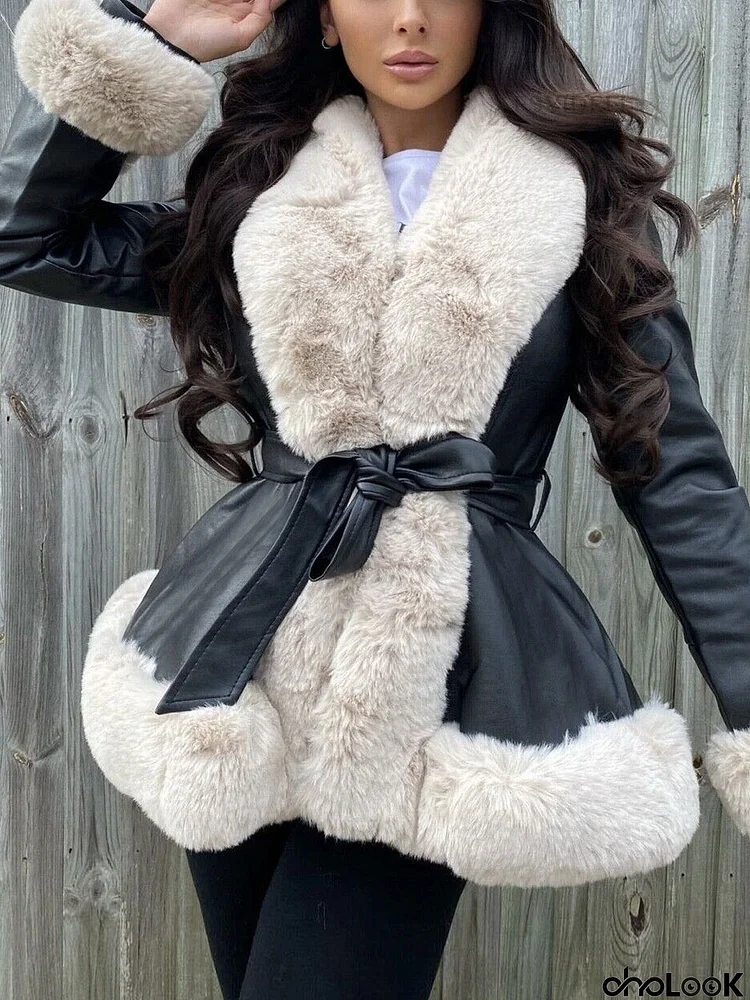 Women's Luxury Fur Collar Slim Fit Leather Coat with Belt