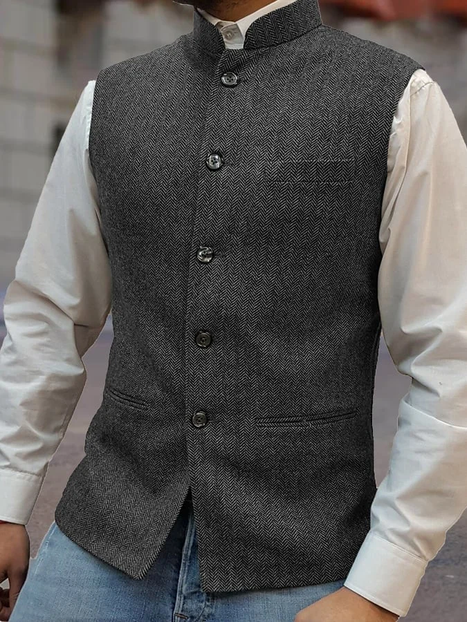 Fashion Temperament Men's Single-Breasted Zhongshan Collar Design Slim Vest Vest