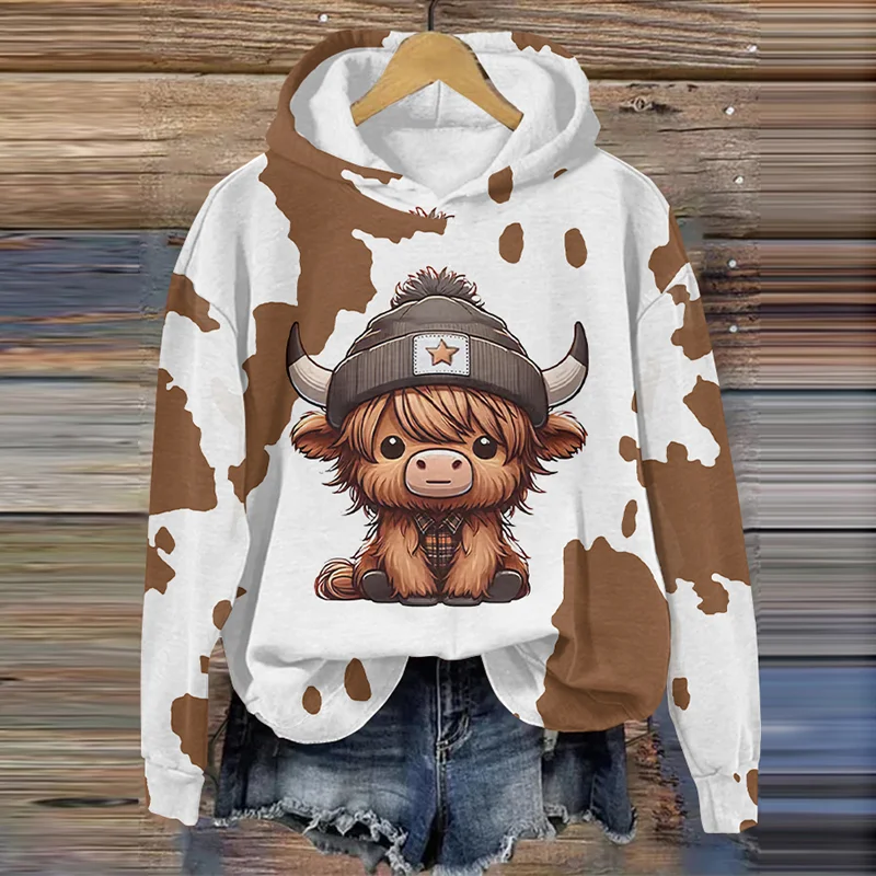 Women's Cute Western Highland Cow Print Casual Hoodie