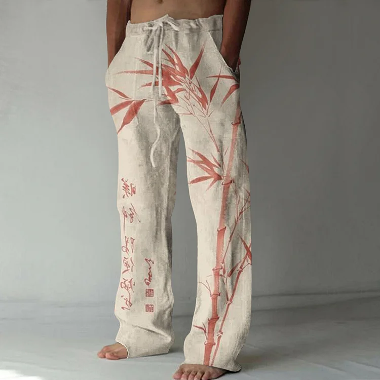 Vintage Japanese Simple Bamboo Art Linen Blend Casual Pants