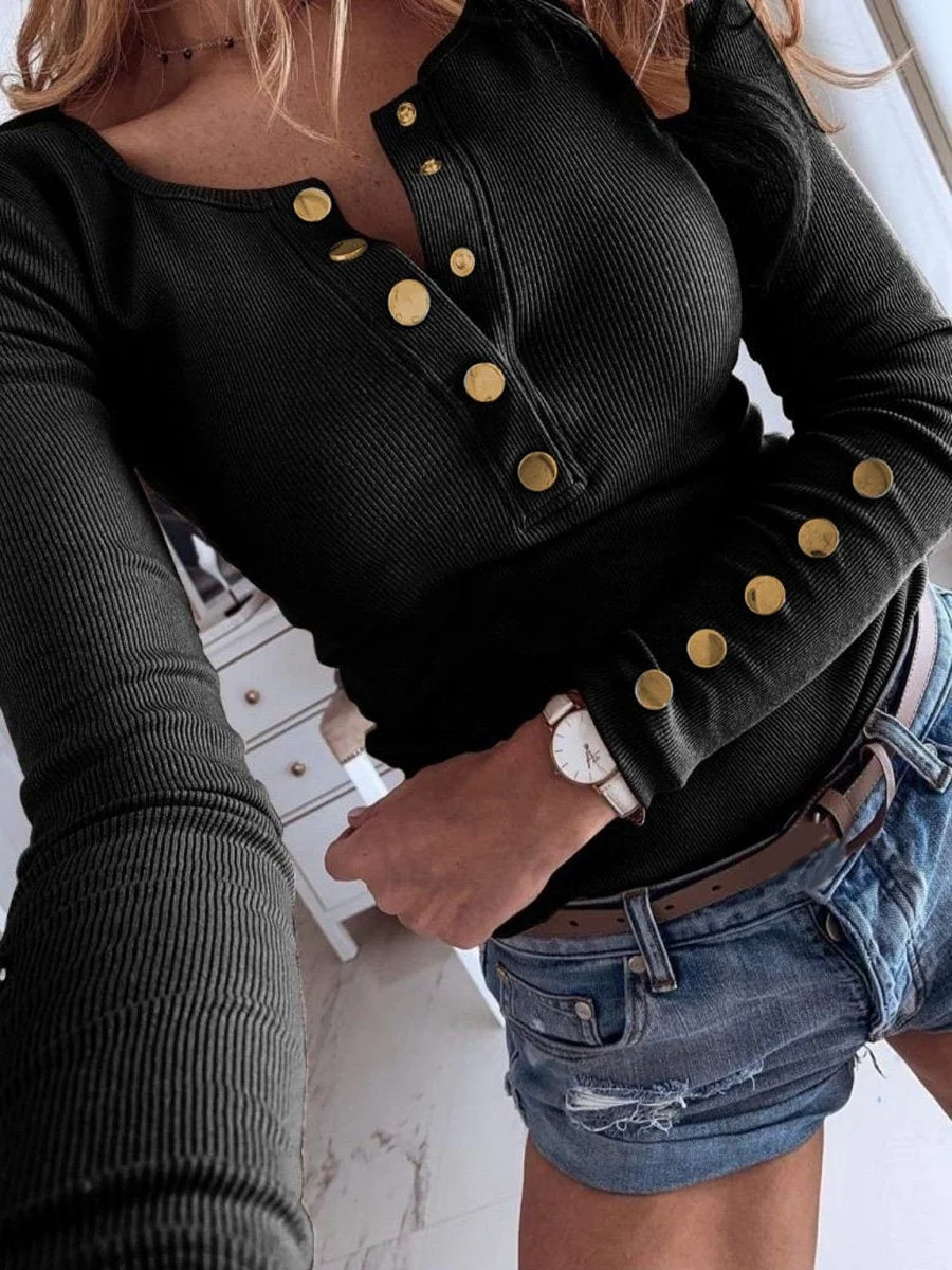 Casual button knit T-shirt