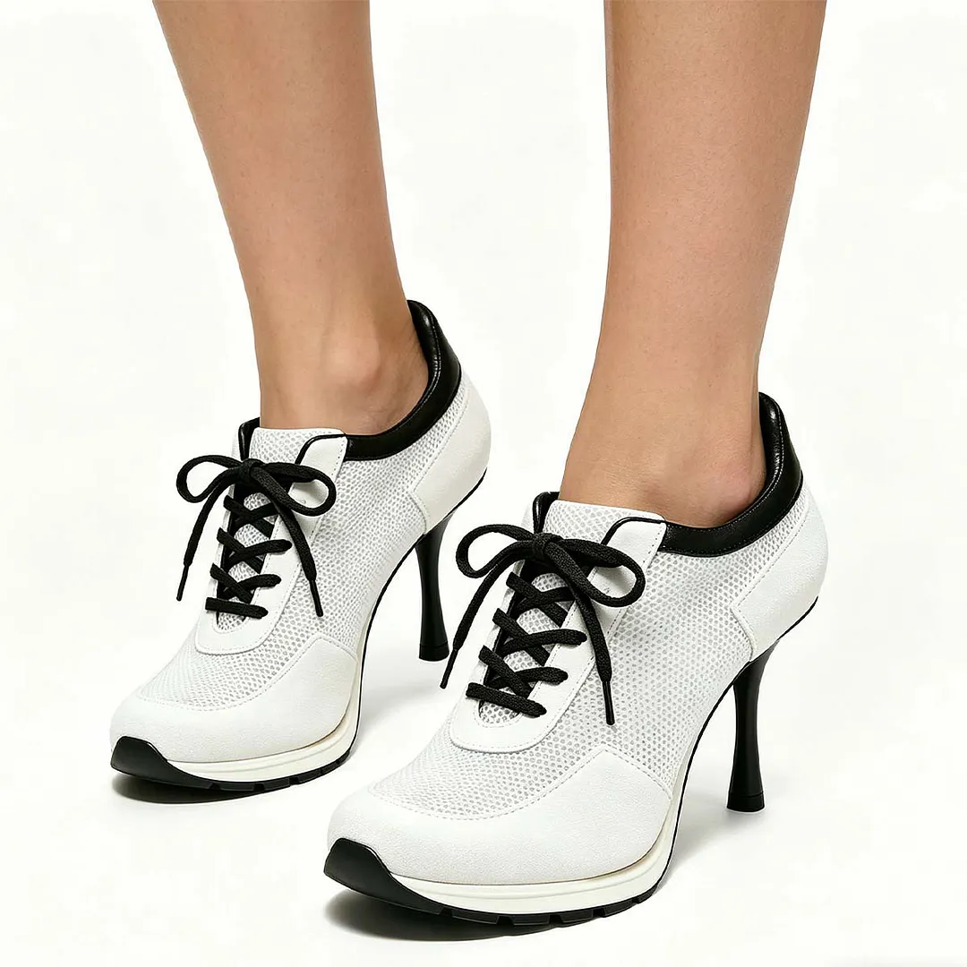 White Patchwork Lace Up Sneaker Round Toe Stiletto Black Heeled Shoes