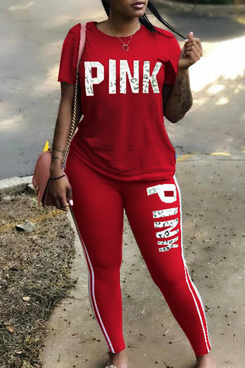 Red Casual Street Print Basic O Neck Short Sleeve Two Pieces