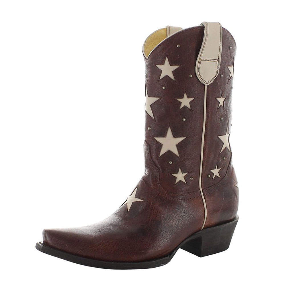 Brown Snip Toe Stars Inlay Studded Short Western Boots for Women