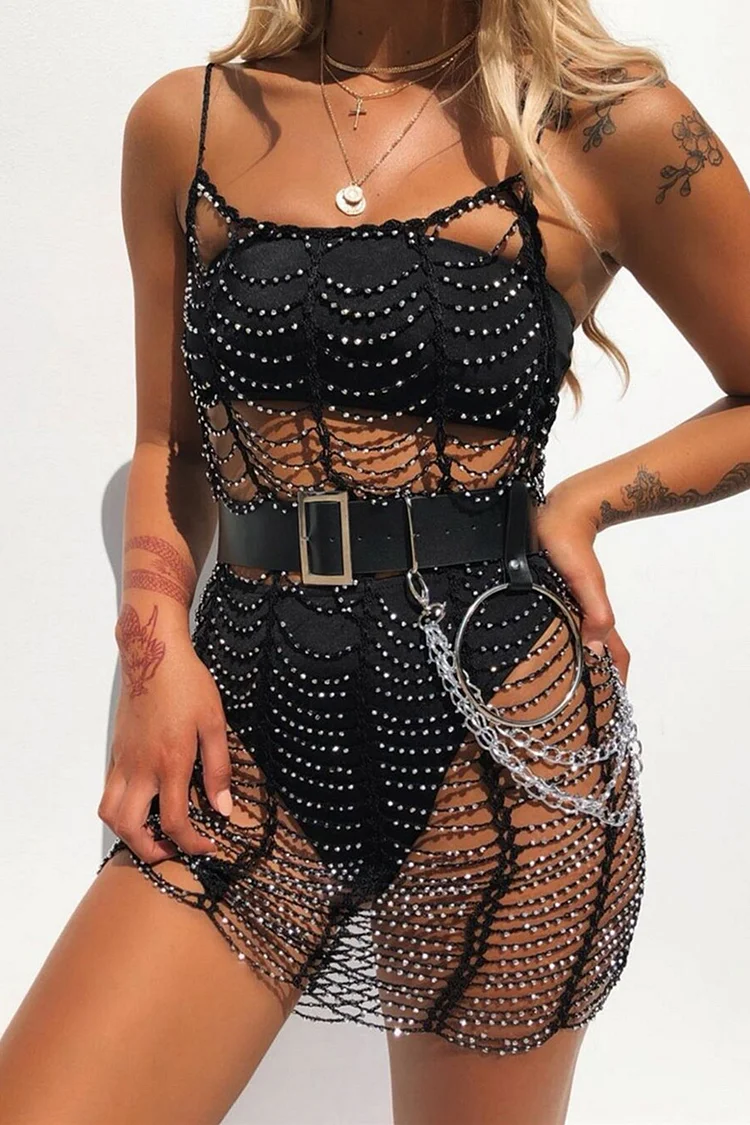 Gothic Black Vacation Crochet Cut Out Beaded Cami Mini Dress