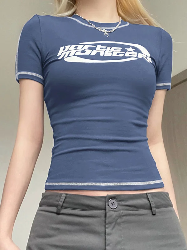 Brownm blue Y2K t-shirt with embroidered short sleeve logo print