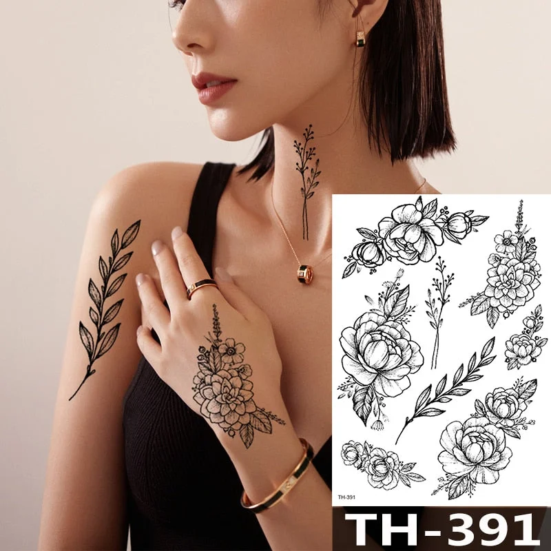 Rose Peony Flower Girls Temporary Tattoos For Women Waterproof Black Tattoo Stickers 3D Blossom Lady Shoulder DIY Tatoos