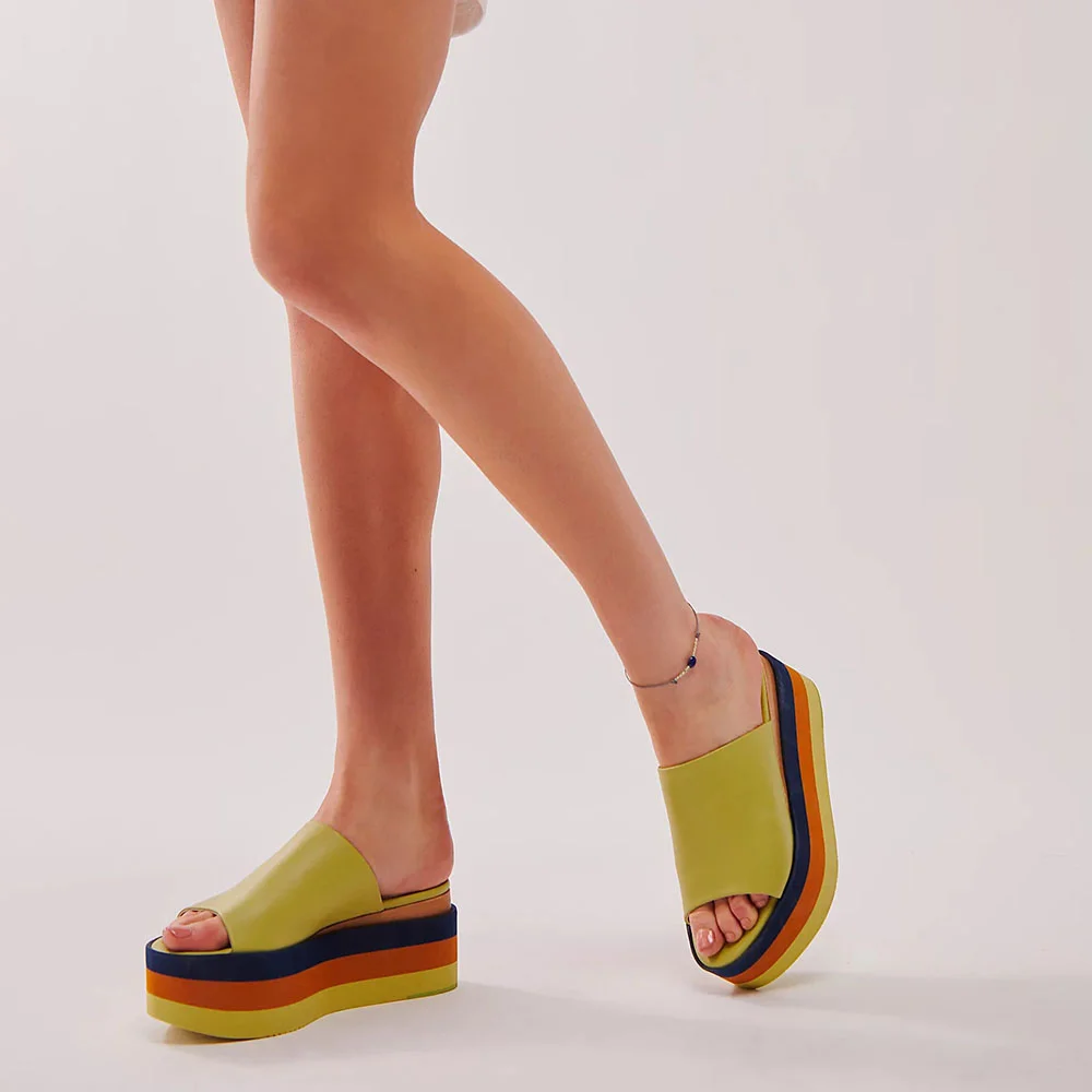 Colorful Open Round Toe Slip-On Platform Mules for Women Nicepairs