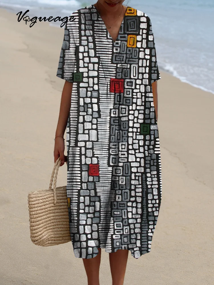 Stylish And Elegant Black And White Blocks Printed Women's Casual Cotton And Linen Dress