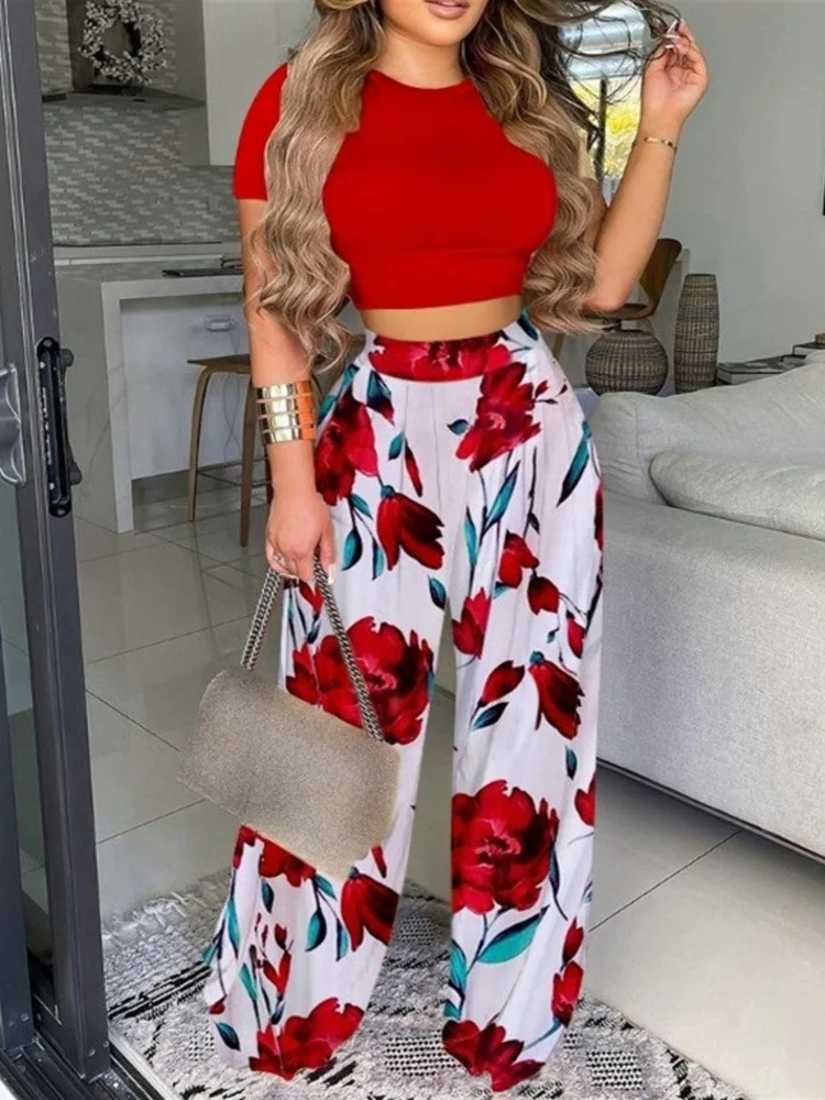 Uveng Uveng Women's Explosive Elegant Wind Short Sleeve Two-Set Printed Trousers Suit Women