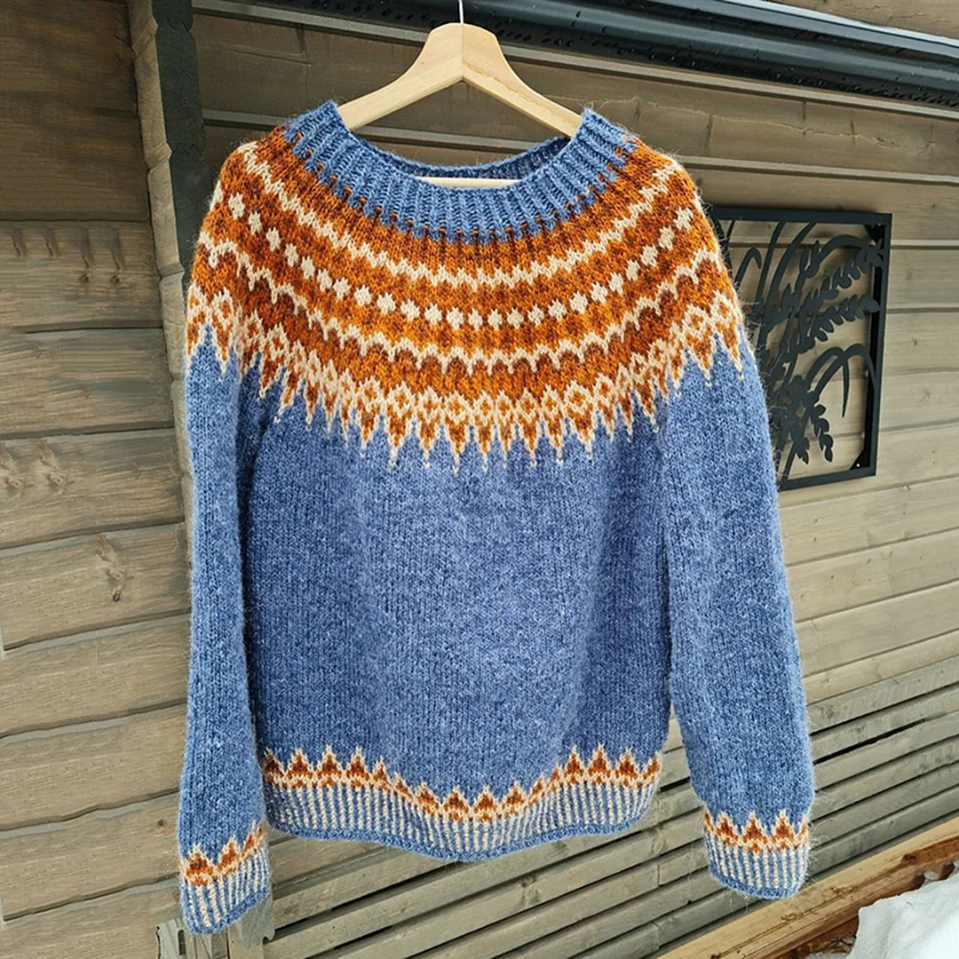 Vintage Icelandic Jacquard Knitted Pattern Cozy Sweater