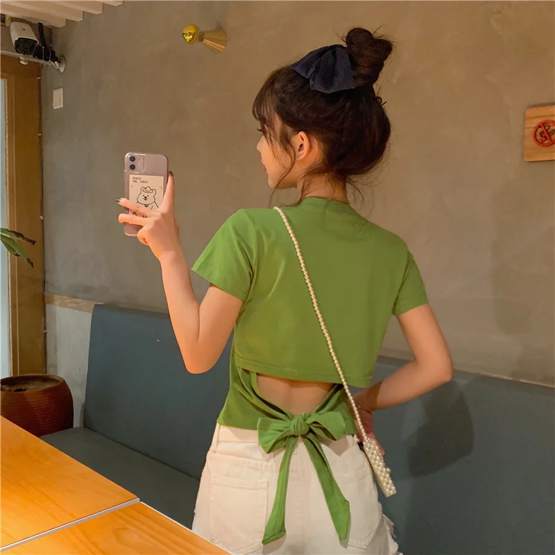 Brownm Brownm T-Shirt Women's Clothes 2024 Summer New Hot Girl Show Back Bow Leakage Back Short Design Sense Top Tide