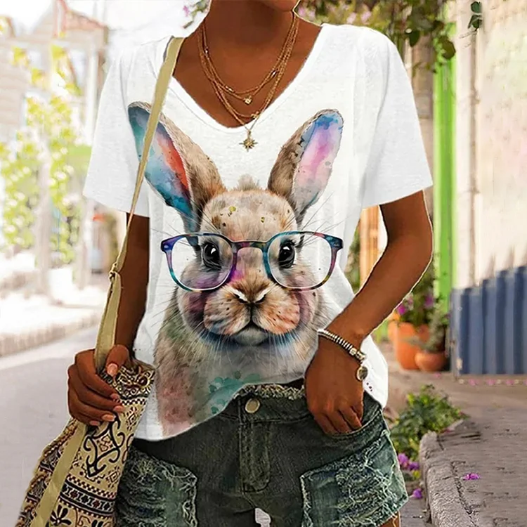 Comstylish Women's Cute Watercolor Bunny Print Easter Casual V Neck T-Shirt
