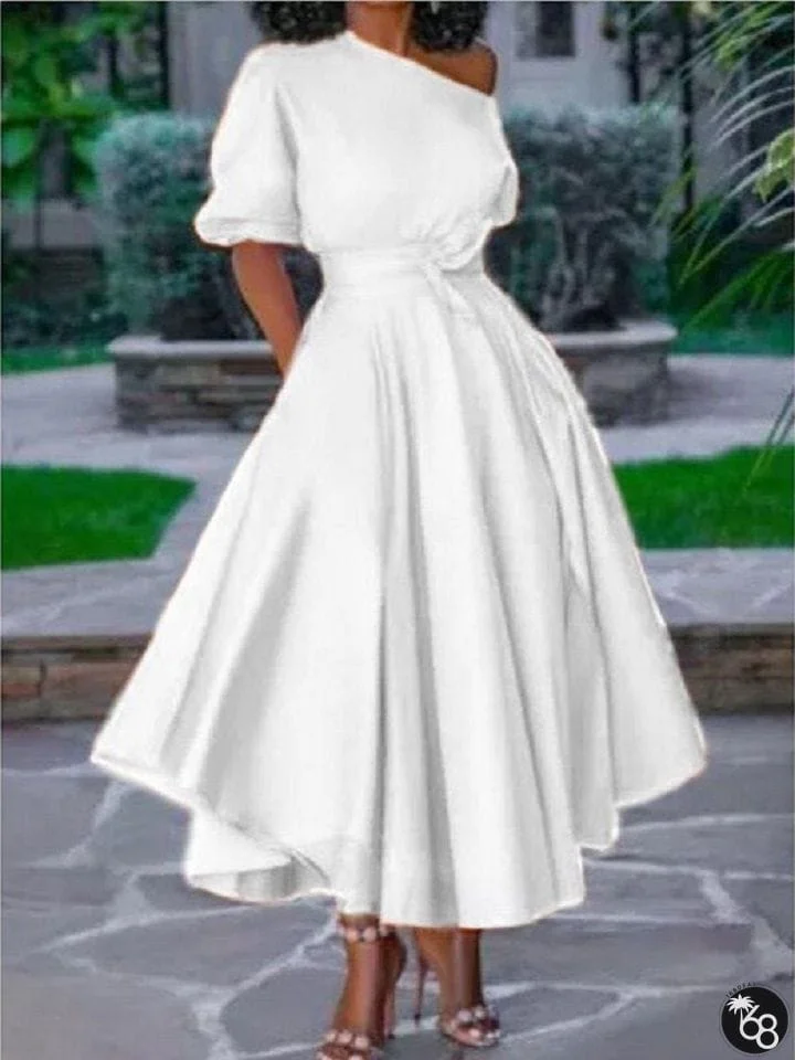 One Shoulder Lace Up Waist Length Dress White Dresses | 168DEAL