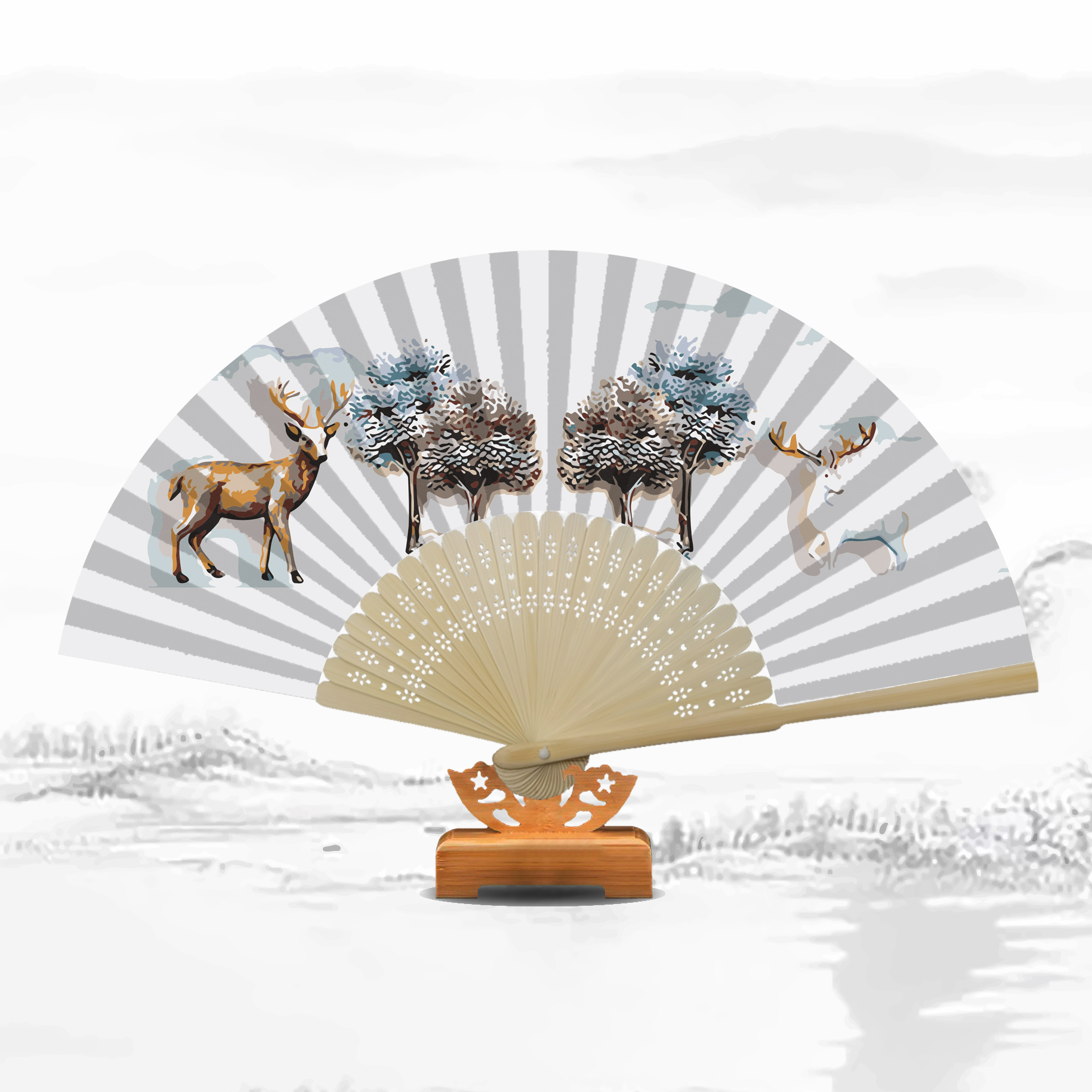 

Elk under the Tree - Paint By Numbers - Folding Fan, 501 Original